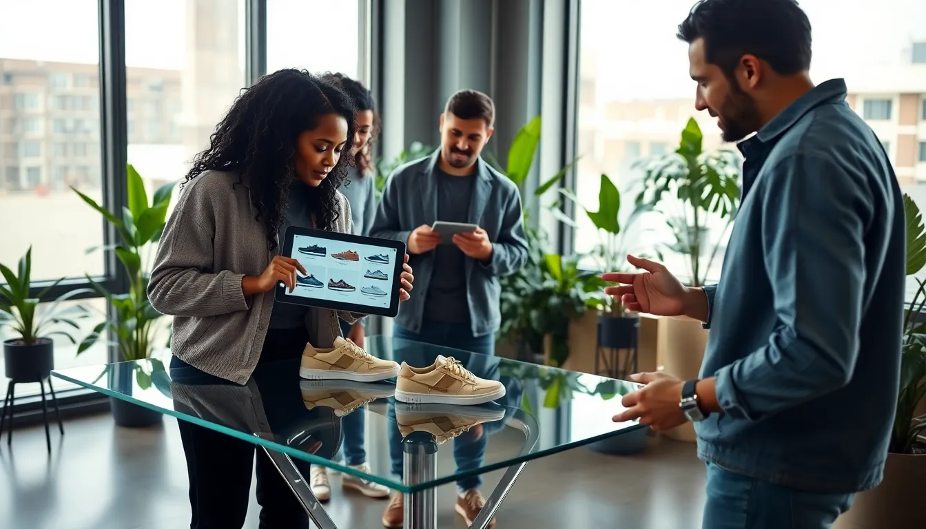 diverse professionals discussing sustainable sneakers in a modern office.