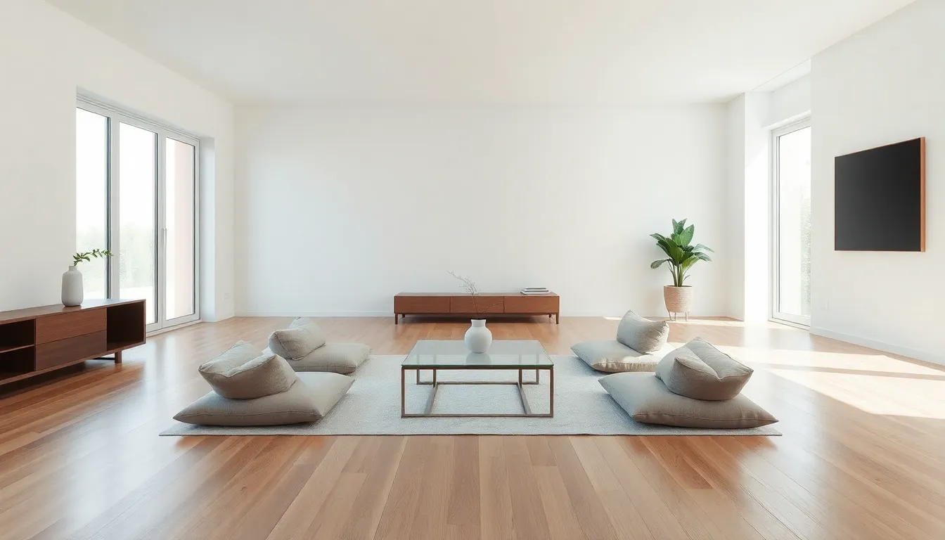 minimalist living room with floor cushions and natural light.