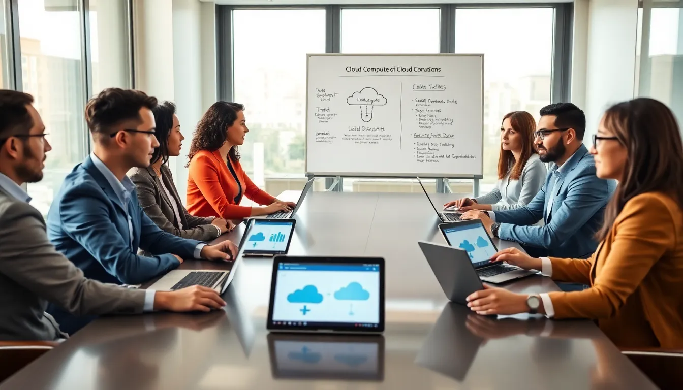 business team discussing cloud computing disadvantages in a modern office.