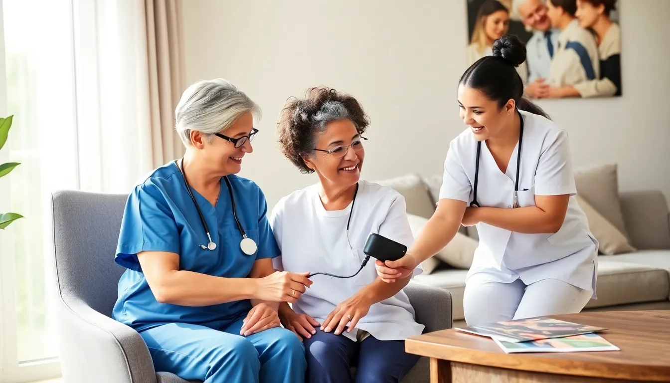 healthcare professionals assisting a senior in a cozy home setting.