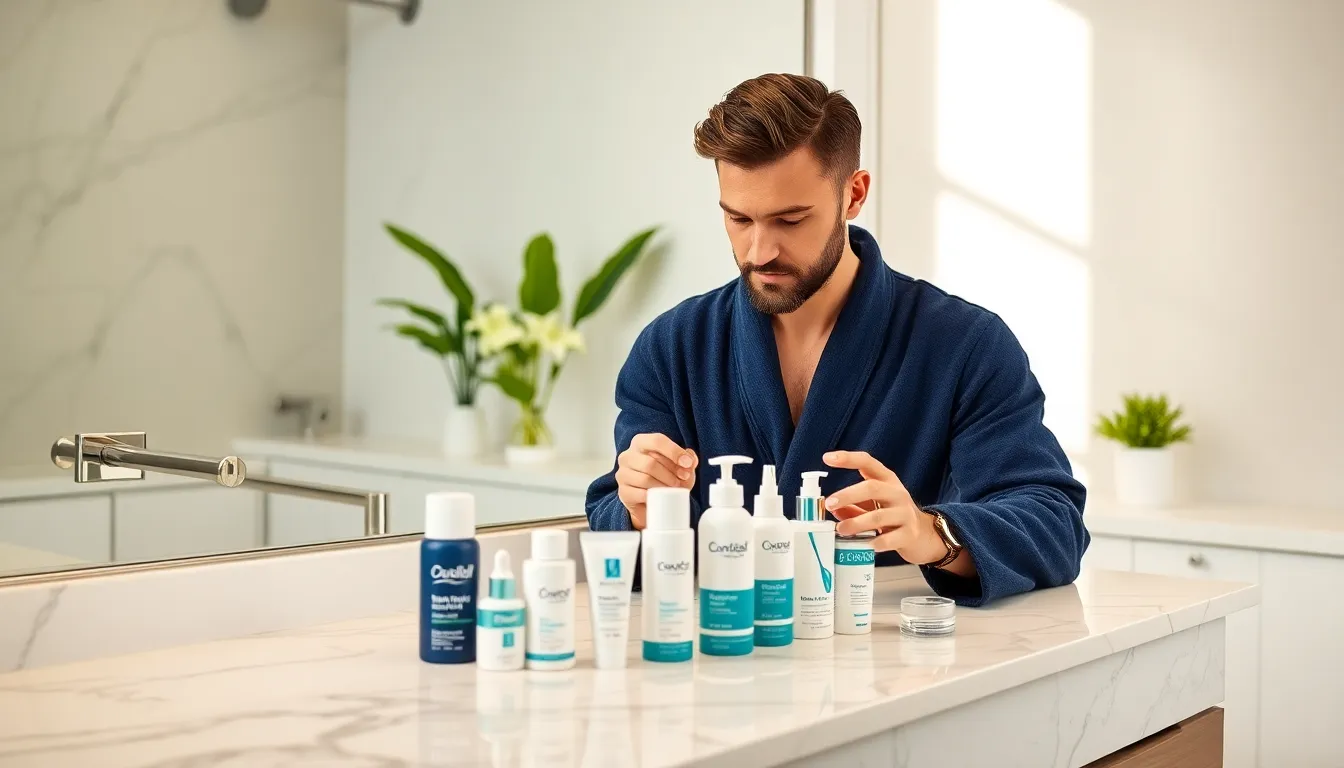 man examining skincare products in a modern bathroom.