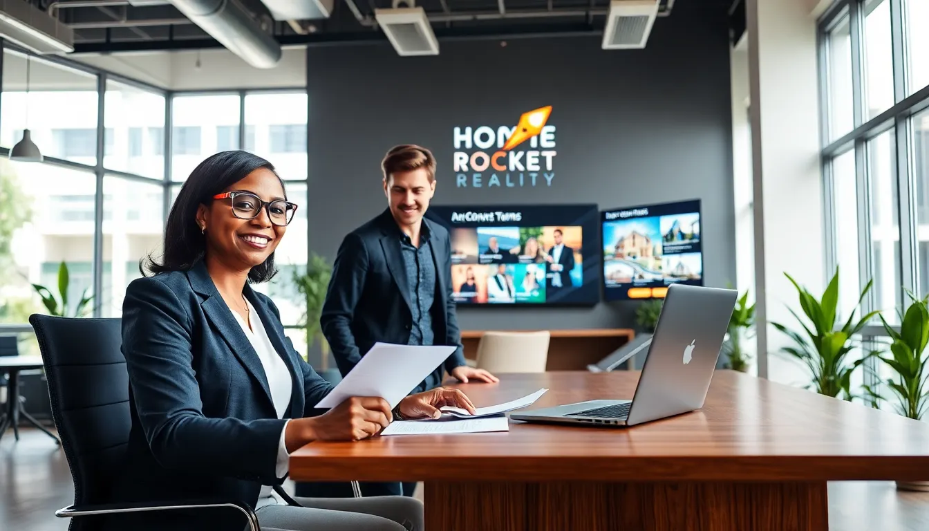 A diverse team discussing real estate in a modern office.