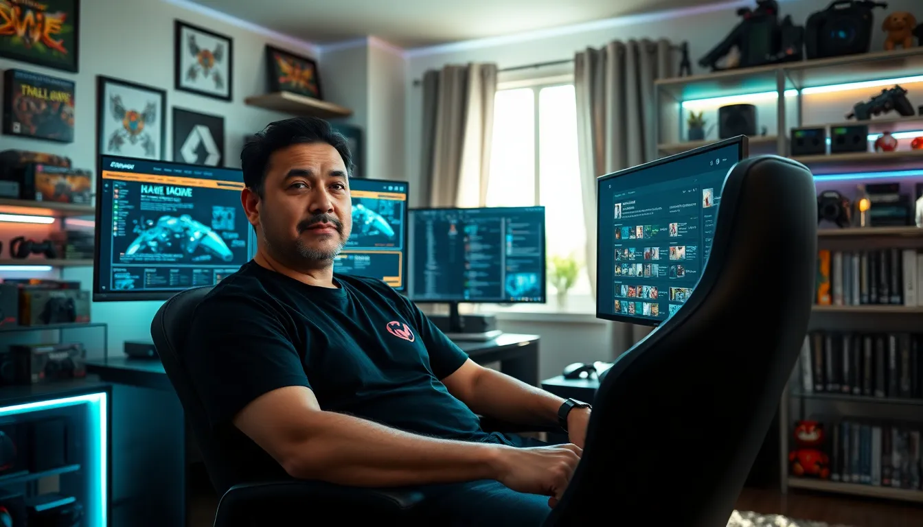 Larry Nando working on gaming guides in a modern room.