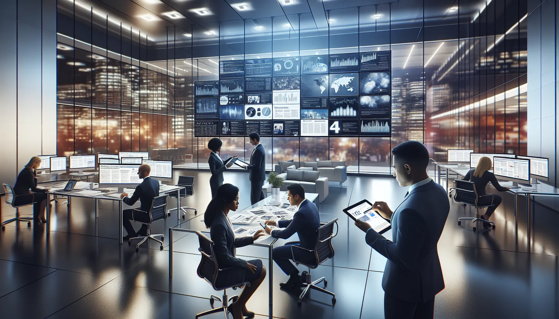 diverse newsroom team discussing digital media and news strategies.