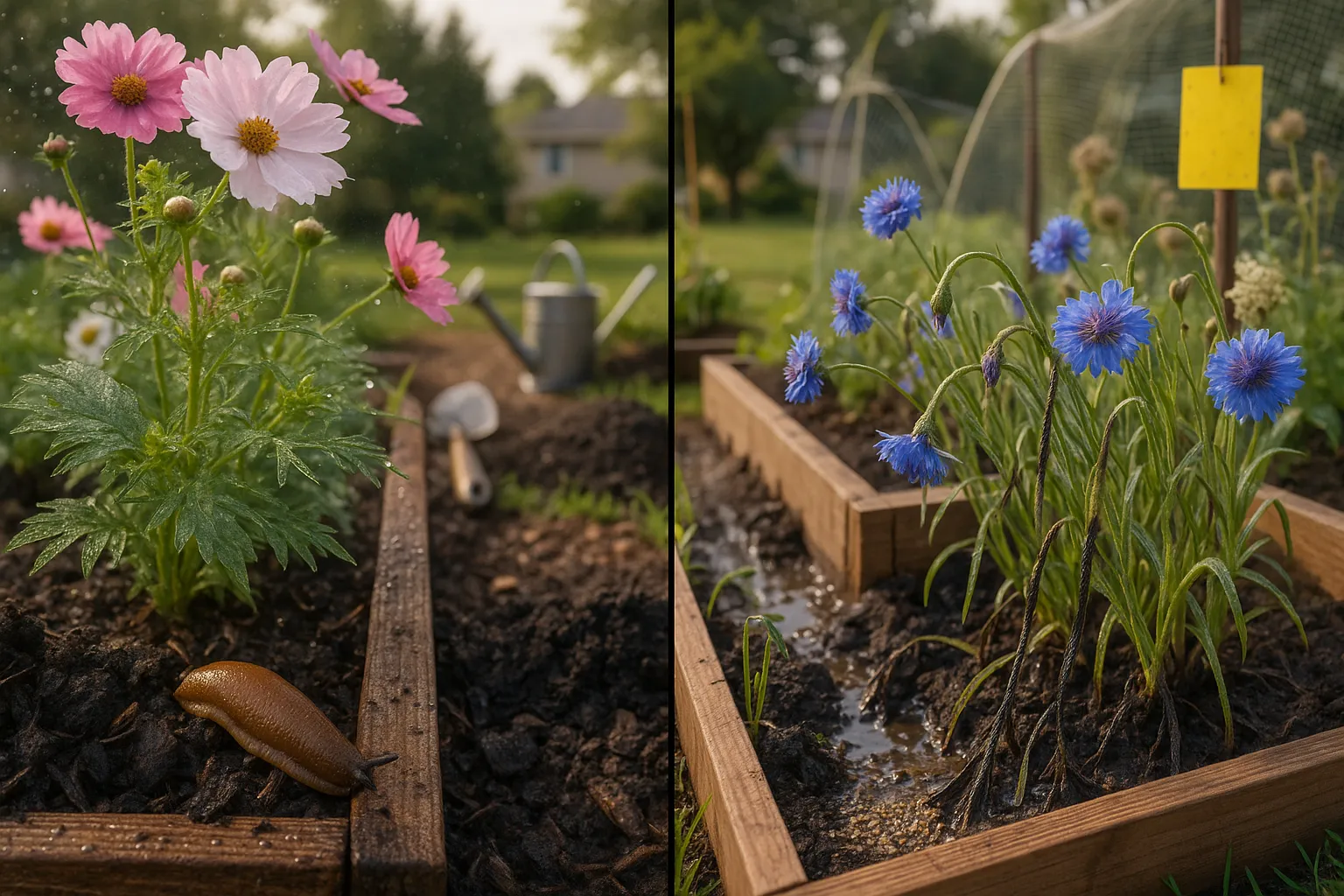 divided raised bed showing cosmos with aphids and mildew, and wilting cornflowers with rot
