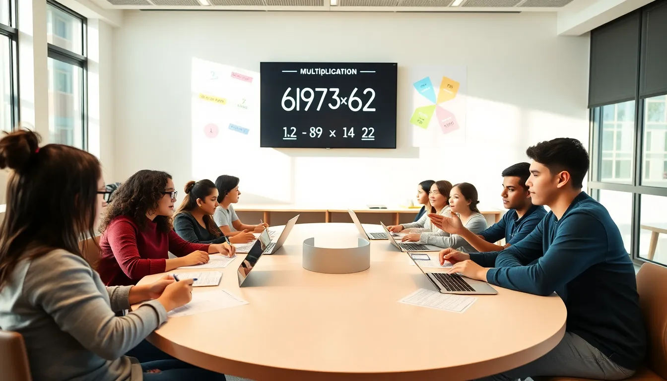 students collaborating in a modern classroom, focusing on multiplication.