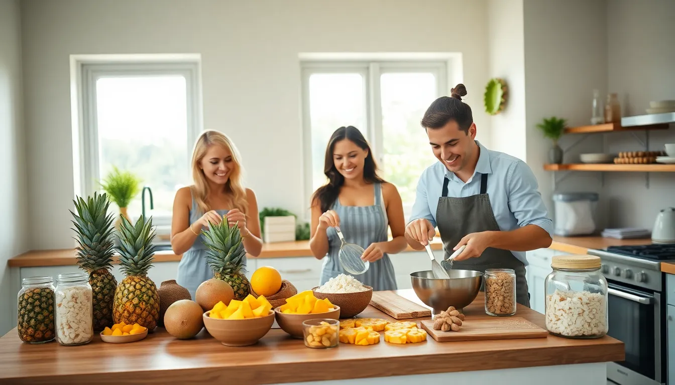 diverse group of bakers preparing tropical-flavored cookies in a bright kitchen.