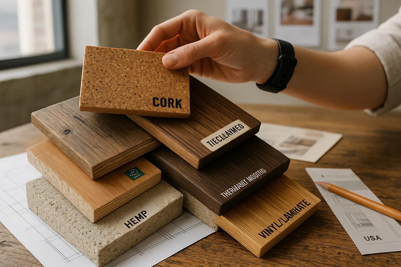 Designer examining labeled material samples as alternatives to bamboo.