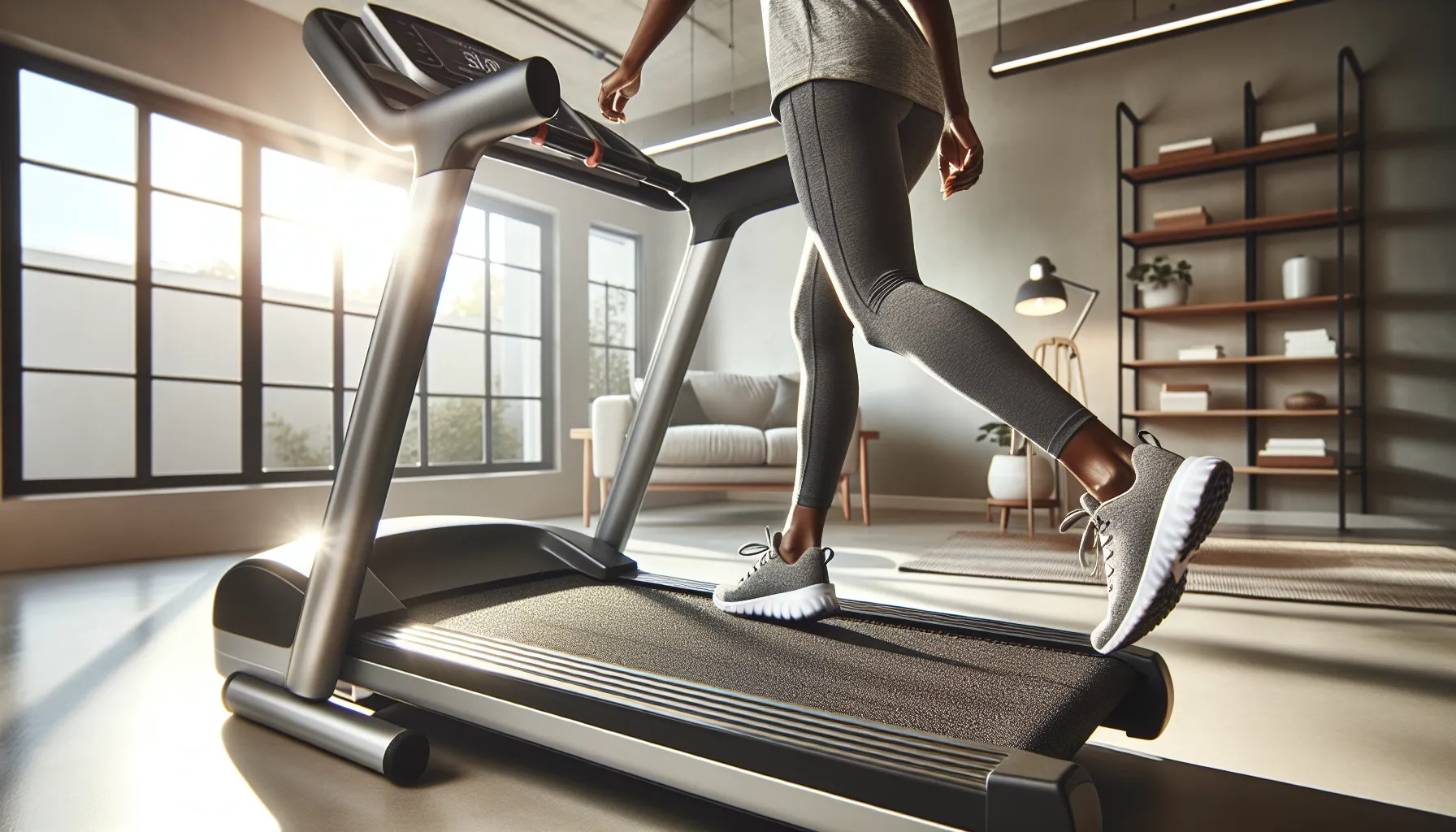 Woman walking on a cushioned treadmill at home in warm morning light.