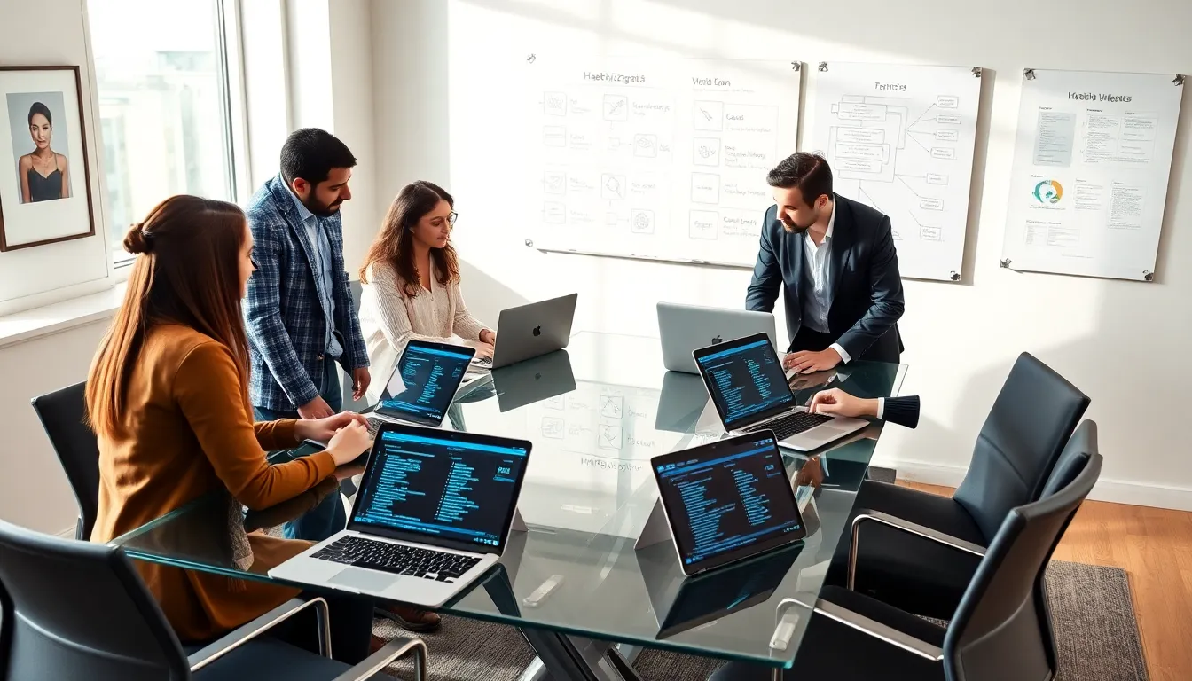 diverse team collaborating on tech innovations in a modern office.