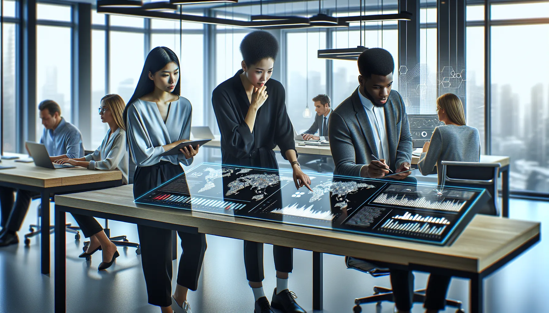 diverse team analyzing data in a modern office setting.