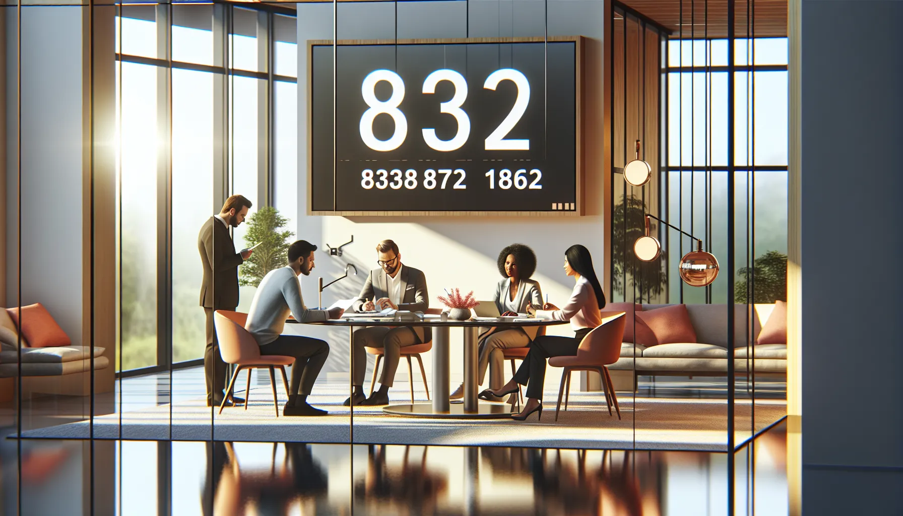 diverse professionals discussing in a modern office with a toll-free number displayed.