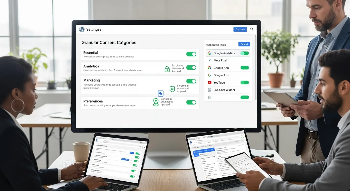 Team configuring granular consent categories and script blocking in a WordPress dashboard.