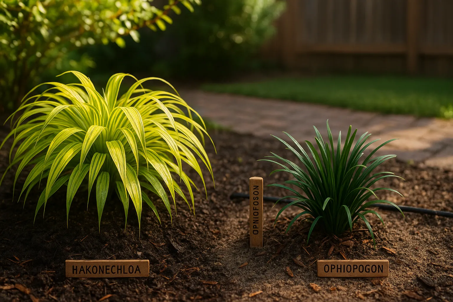 Hakonechloa and Ophiopogon clumps side-by-side in contrasting soils and light.