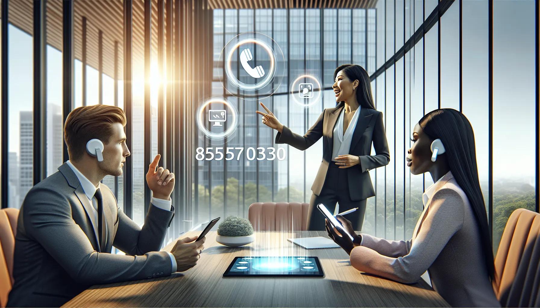 professionals discussing a toll-free number in a modern office setting.