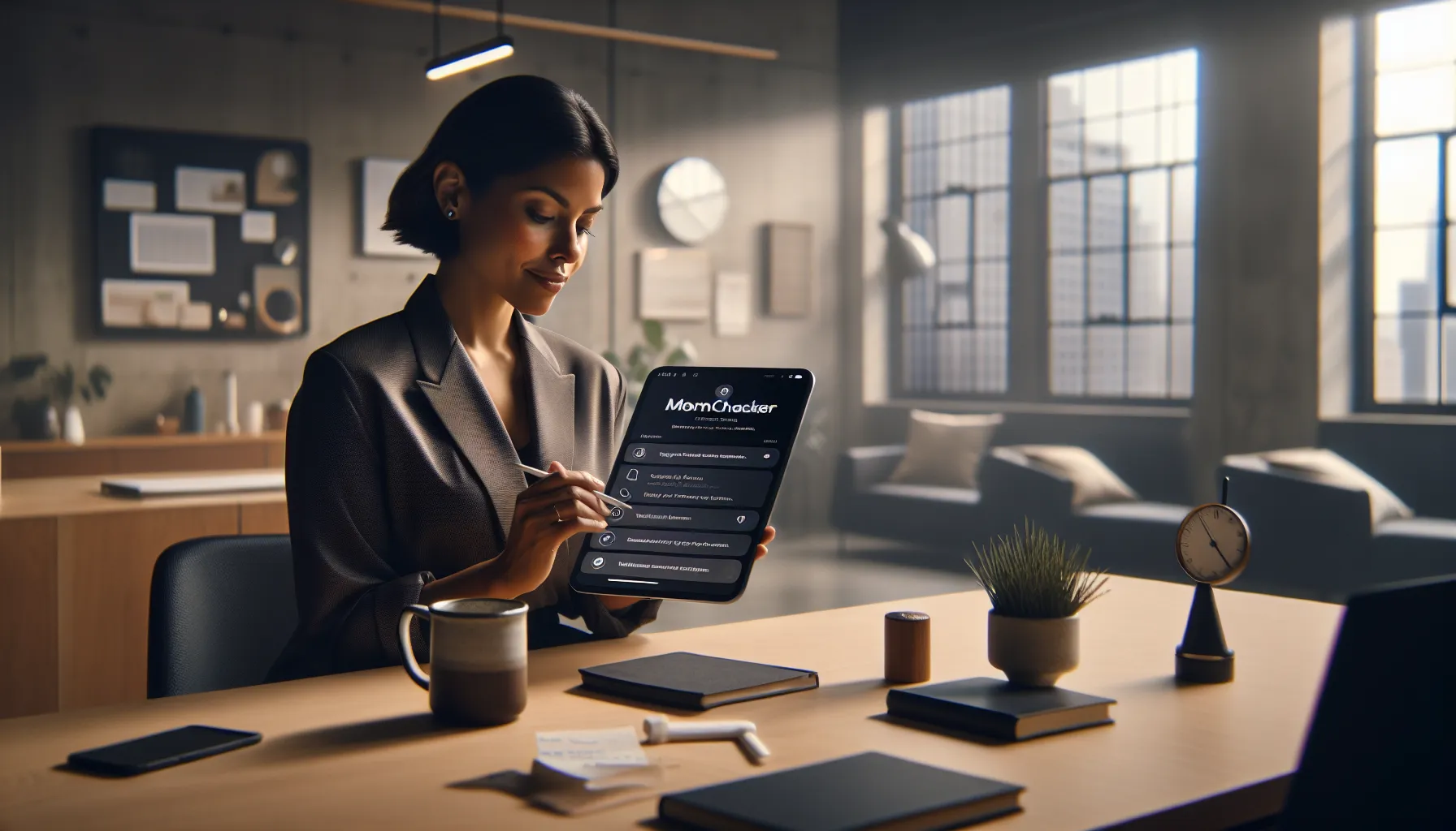 Professional using Mornchecker app in a modern office.