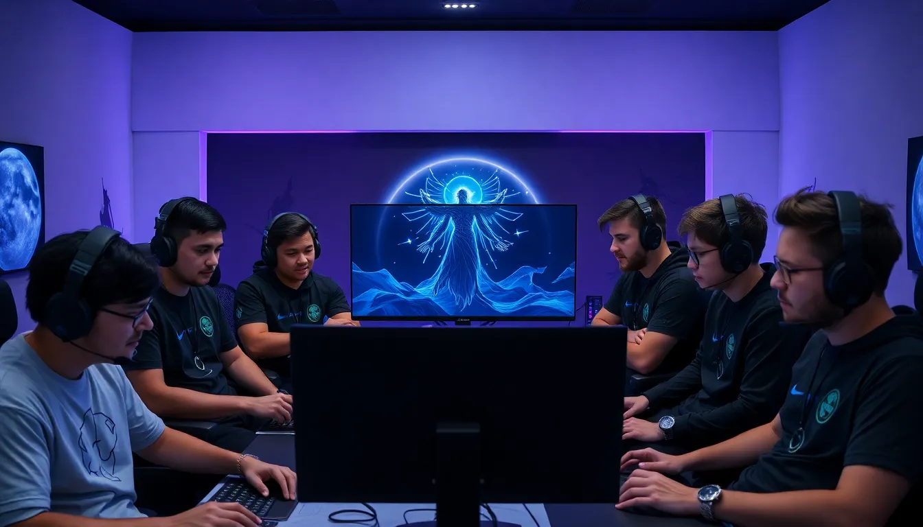 gaming team discussing Aphelios' lore in a modern studio.