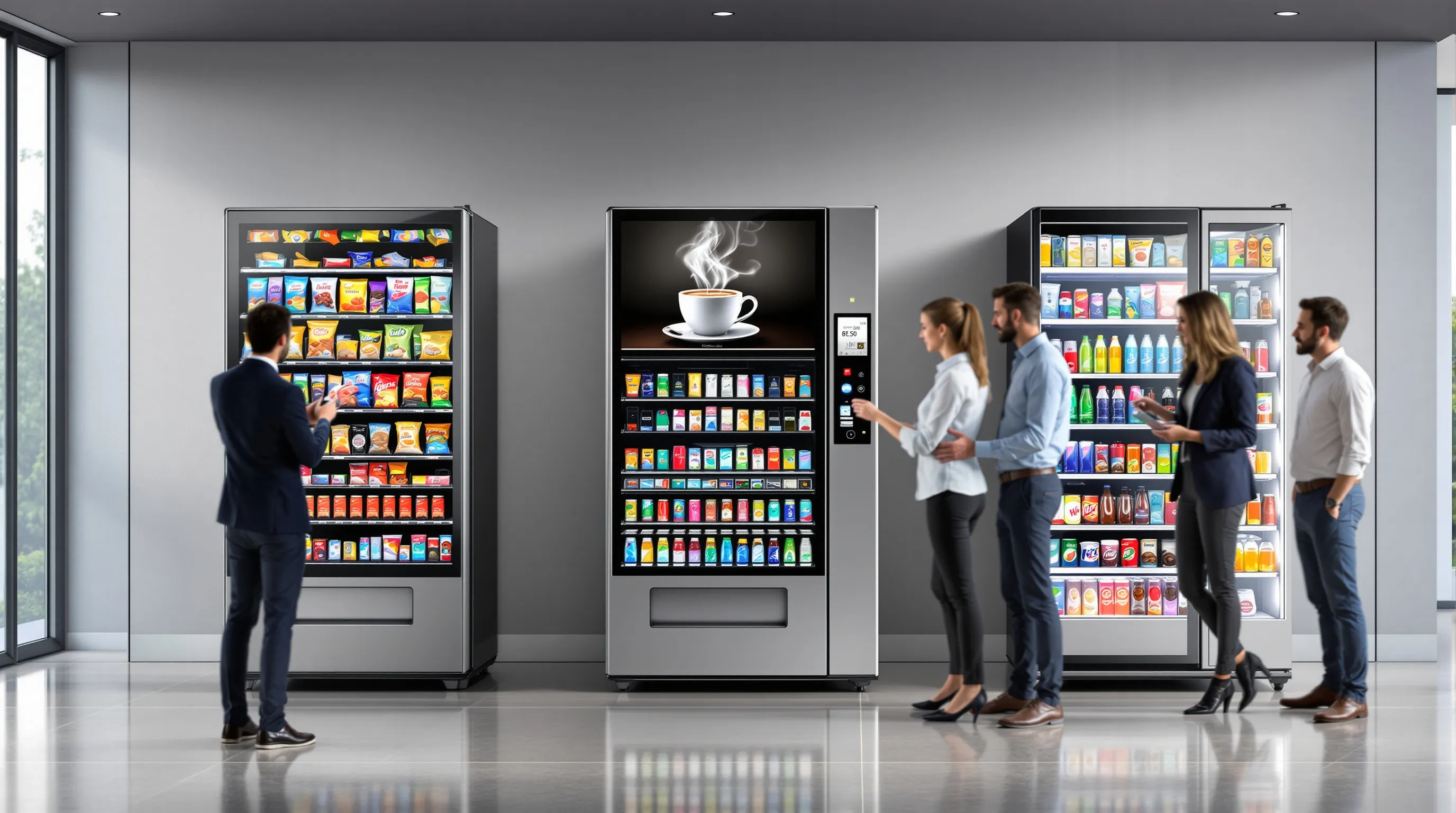 Three modern vending machines for snacks, coffee, and beverages in a professional setting.
