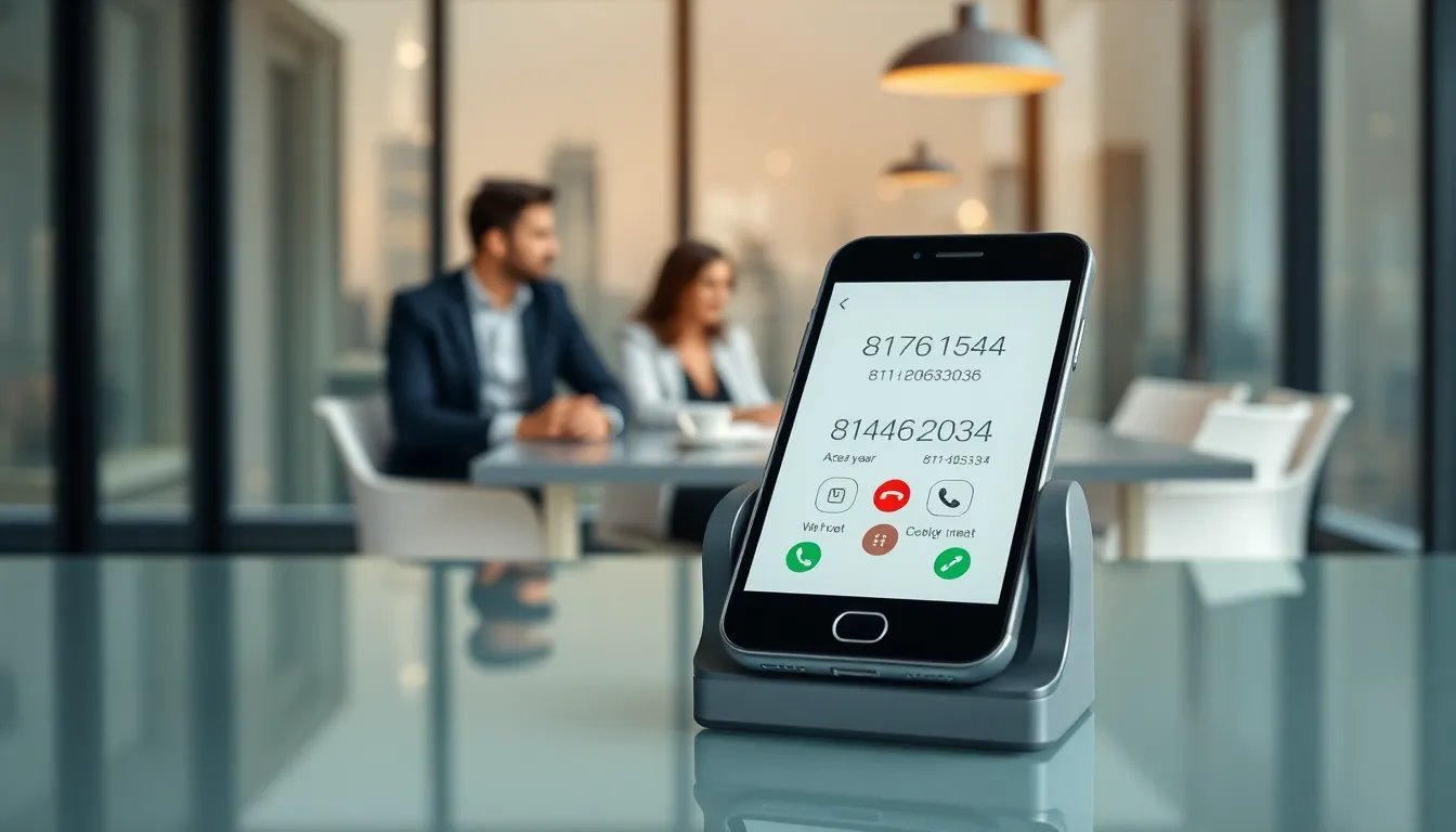 close-up of smartphone displaying area code phone numbers in a modern office.