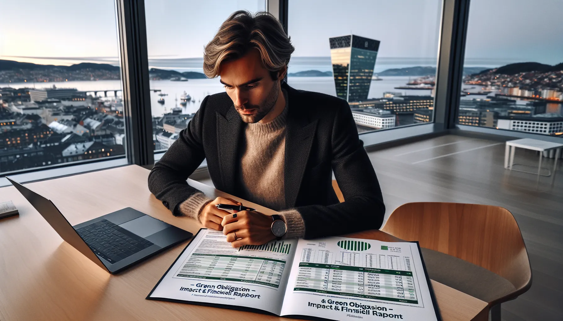 Hvordan kan du investere i grønne obligasjoner? 3 Norwegian investor reviews green bond impact and yields in an oslo office.