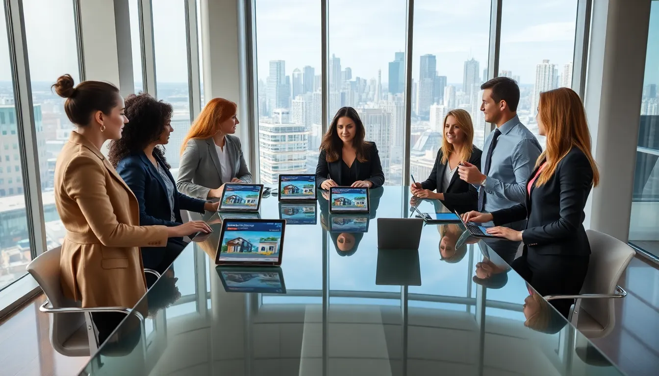 diverse real estate team collaborating in a modern office.