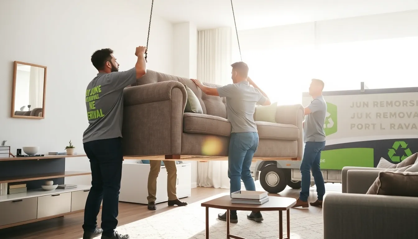 junk removal team lifting a couch in a modern home.