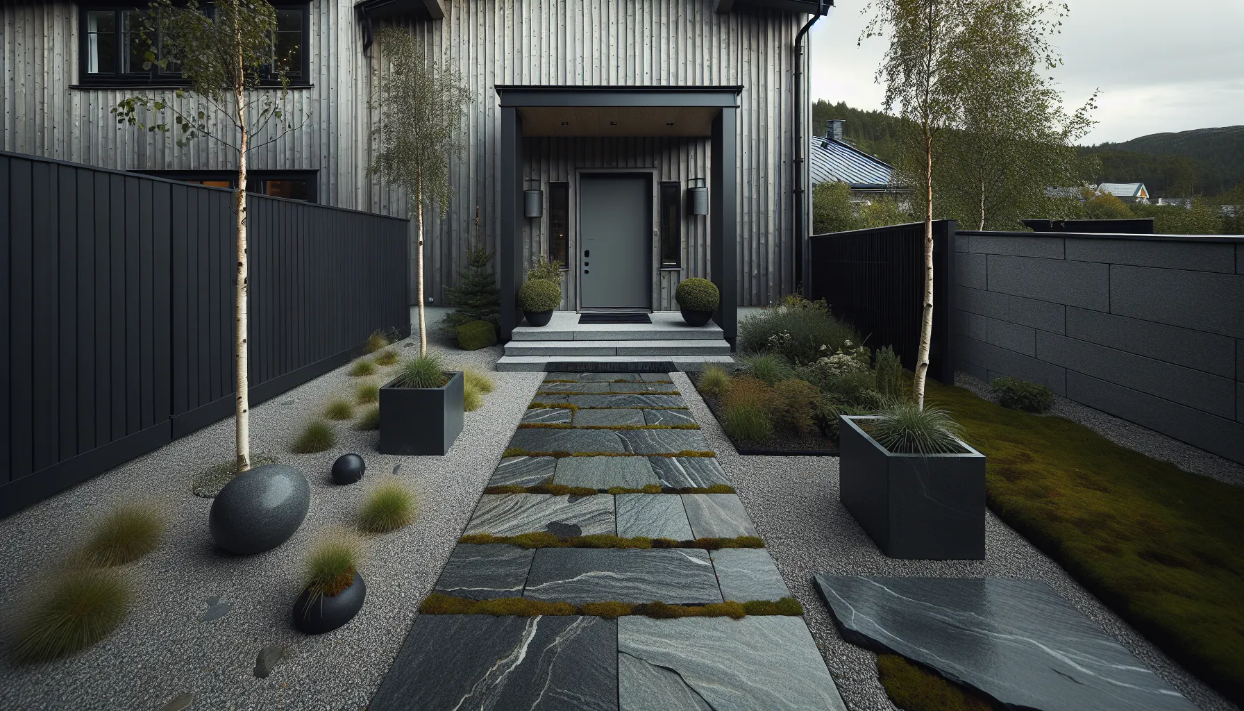 Hvordan bruke stein for å skape et unikt inngangsparti 2 Granite path leads directly to a modern norwegian home’s front door.