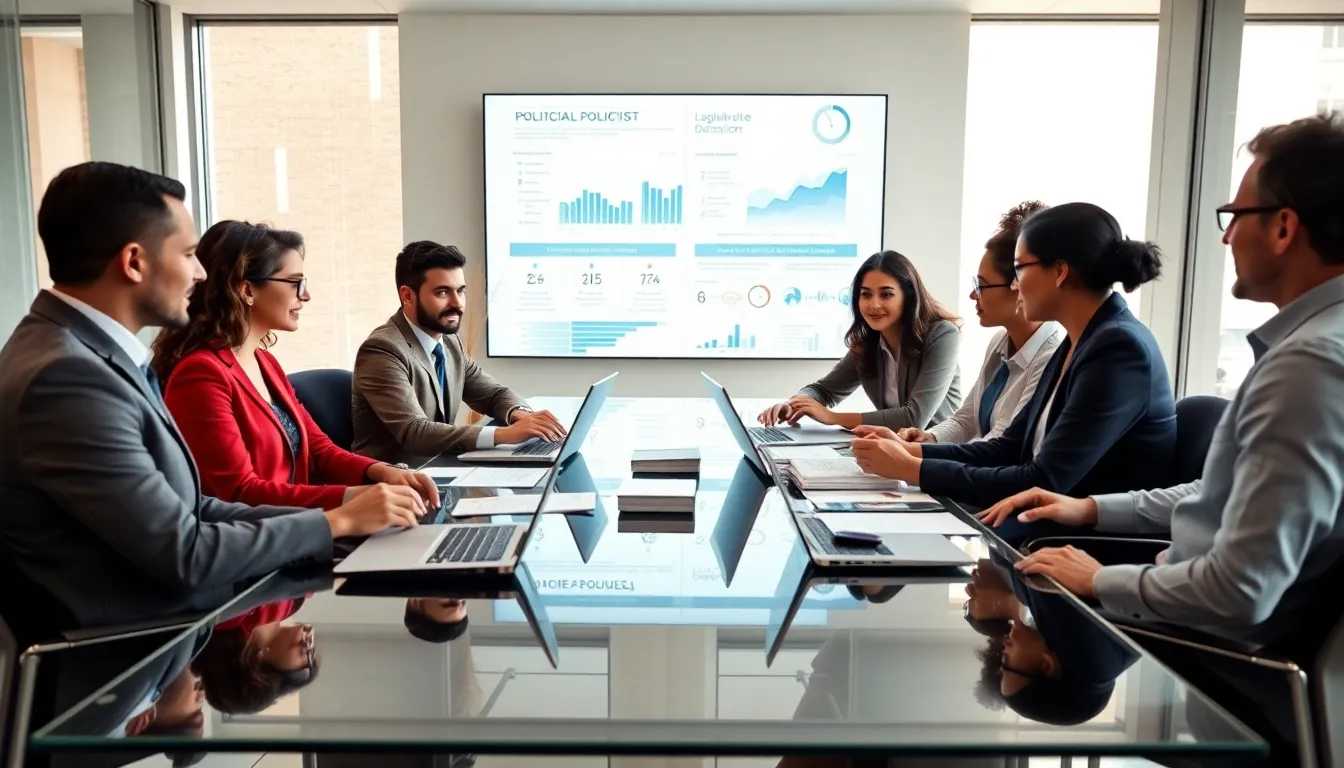 diverse team of political scientists collaborating in a modern office.
