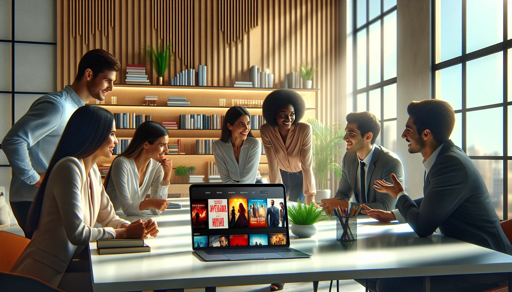 professionals discussing films on a laptop in a modern workspace.