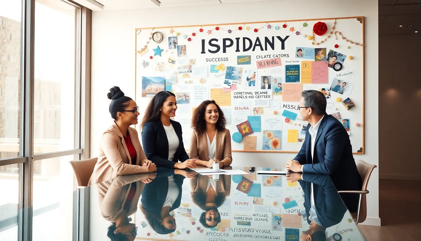 A diverse team discussing ideas in front of a vibrant vision board.