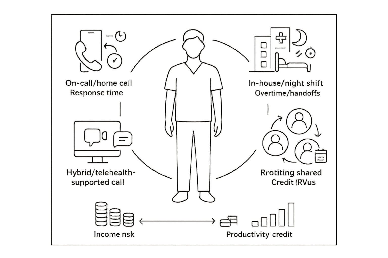 Physician assistant surrounded by icons for call models and compensation impact.