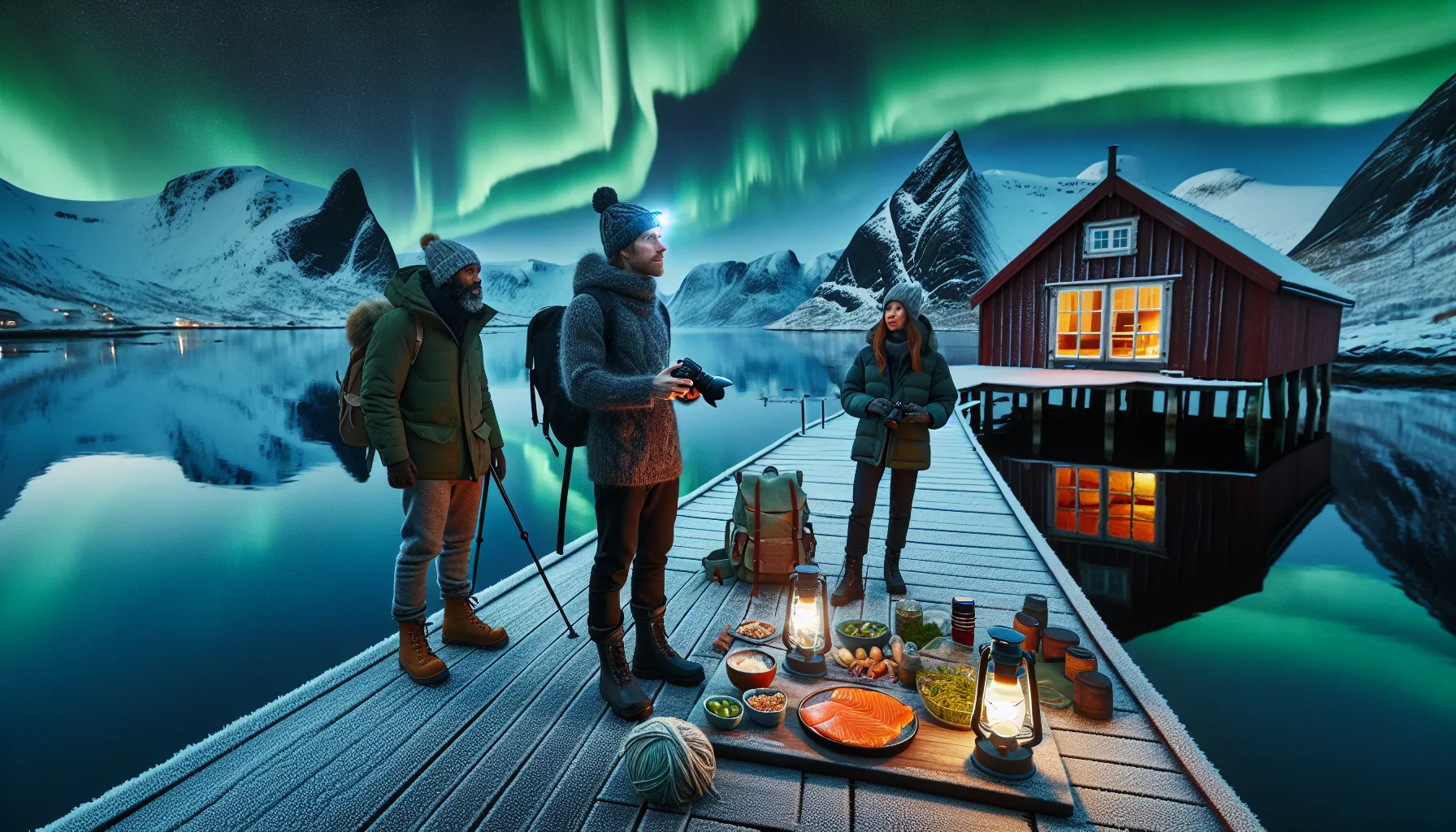 Guide teaching night photography by a quiet norwegian fjord under aurora.