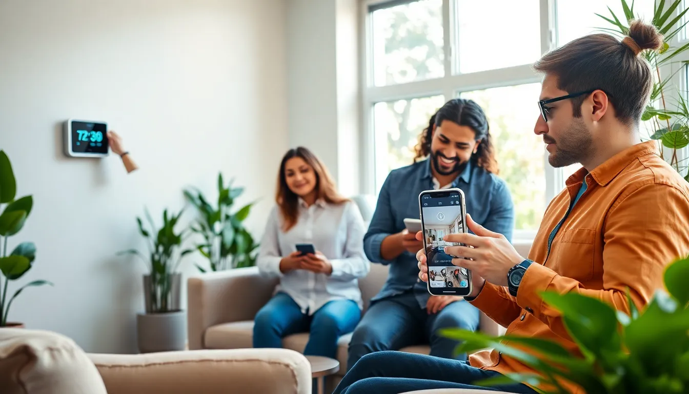 diverse group interacting with smart home automation devices in a modern living room.