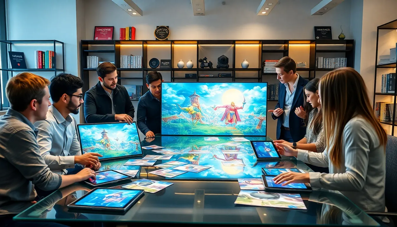 diverse game developers collaborating in a modern office.
