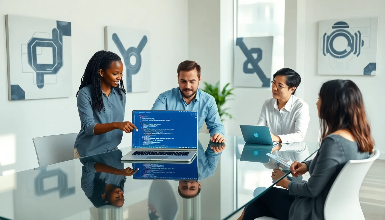 diverse developers collaborating over Python code in a modern office.