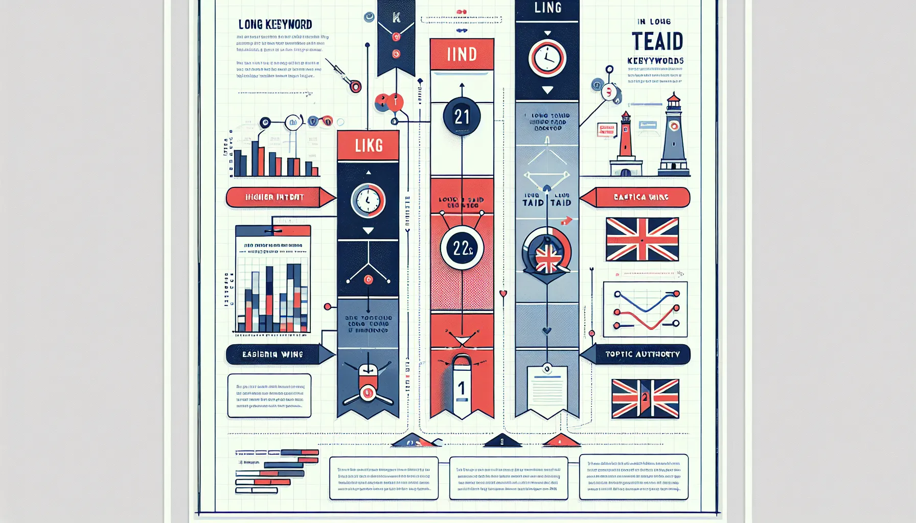 UK-themed infographic on long-tail keyword benefits and workflow to find them.