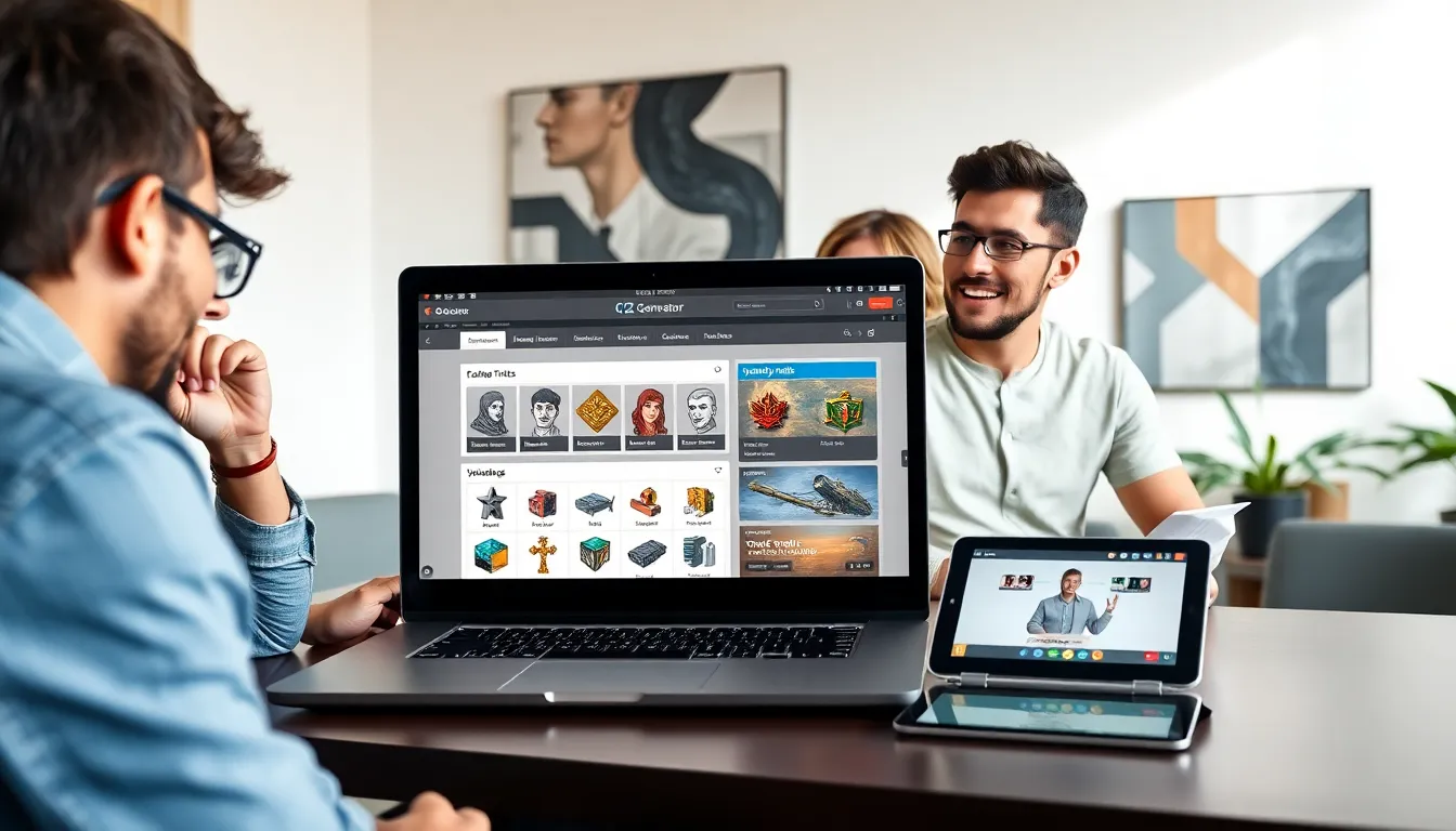 gamers collaborating over a laptop displaying the CK2 Generator tool.