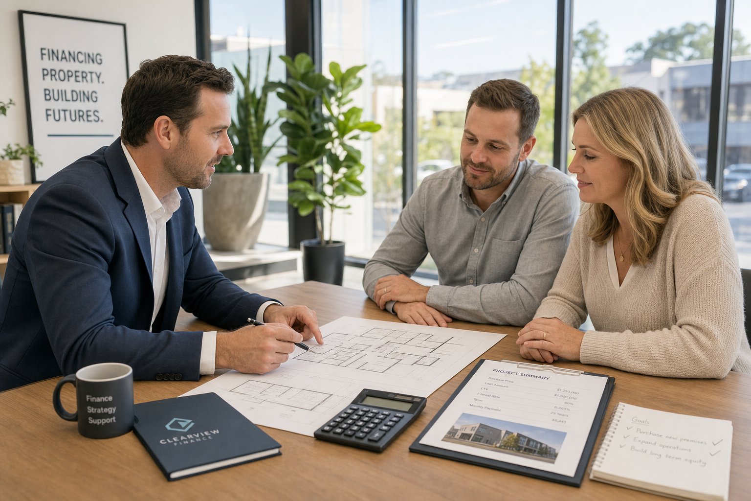Commercial mortgage adviser meeting business owners in a bright office with property documents and calculator.
