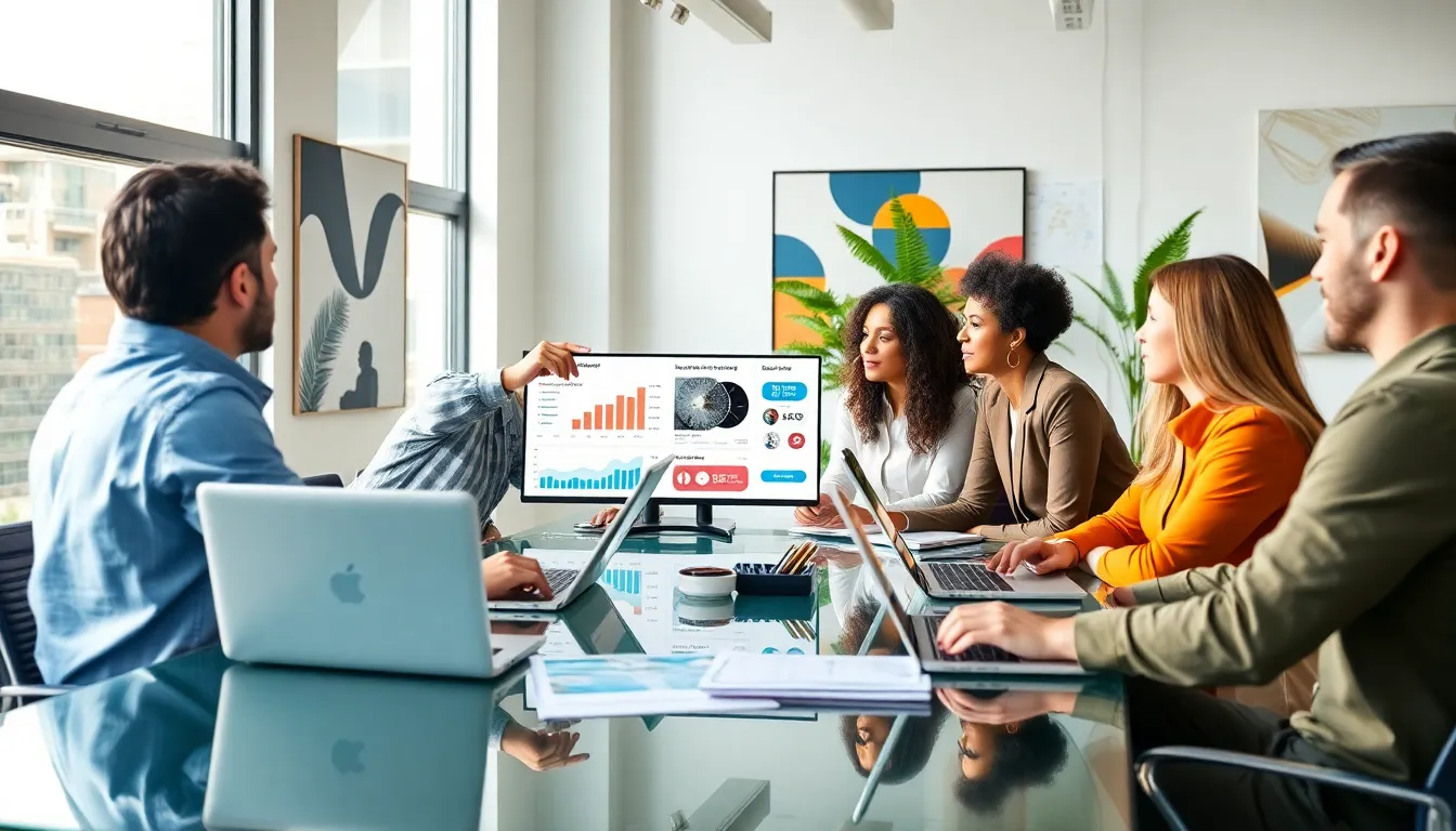 diverse marketing team discussing digital trends in a modern office.
