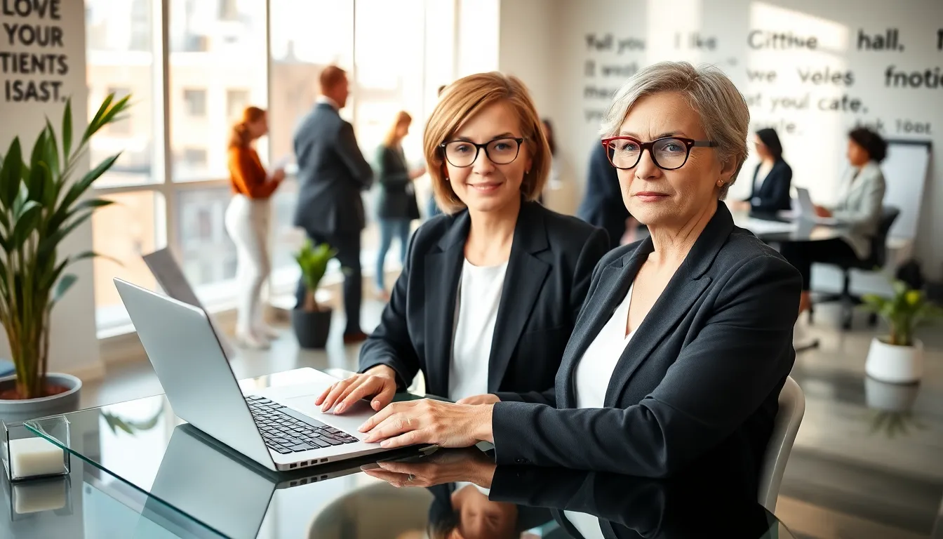 a professional woman typing an email in a modern real estate office.