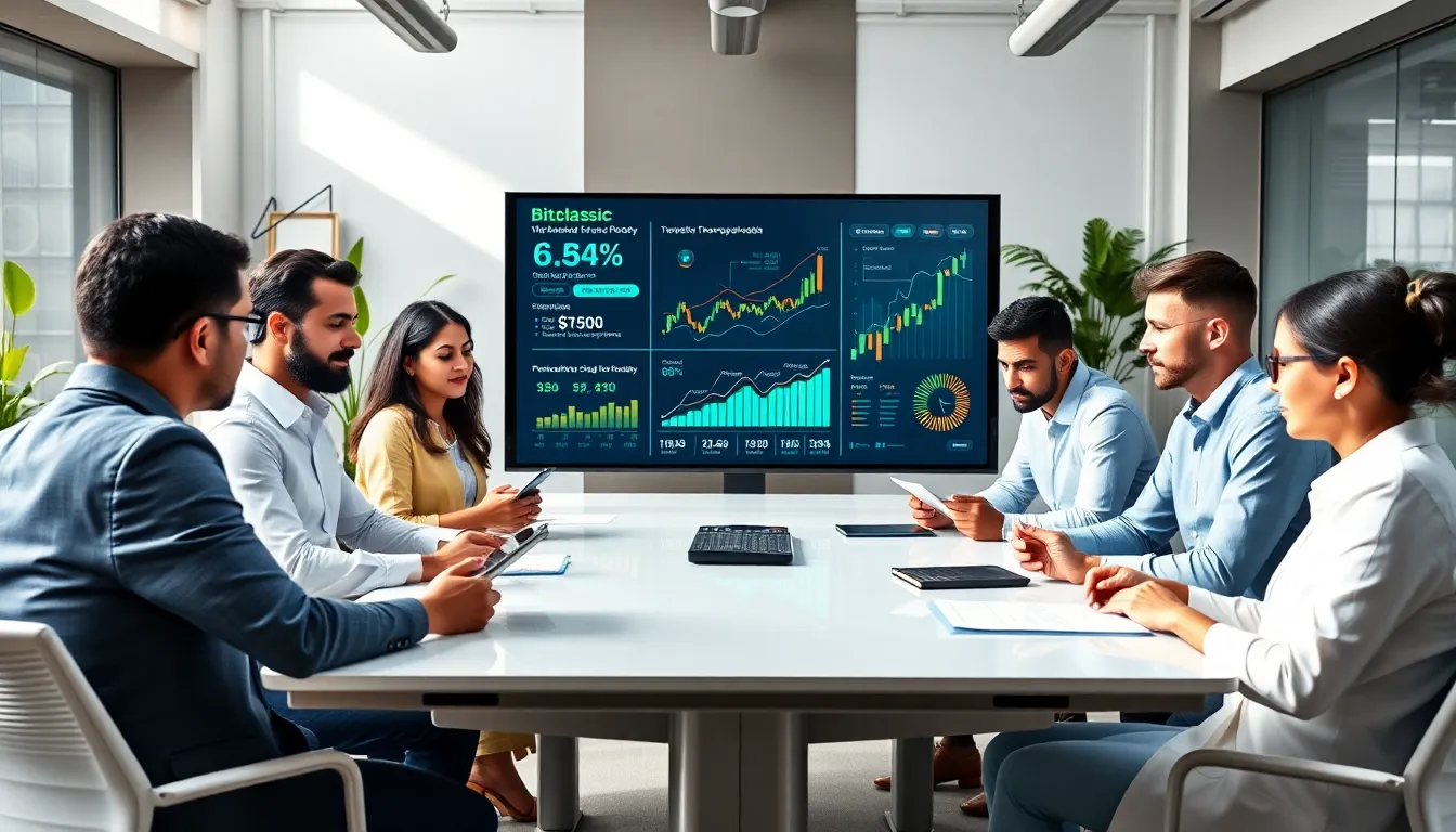 diverse professionals discussing cryptocurrency in a modern office.