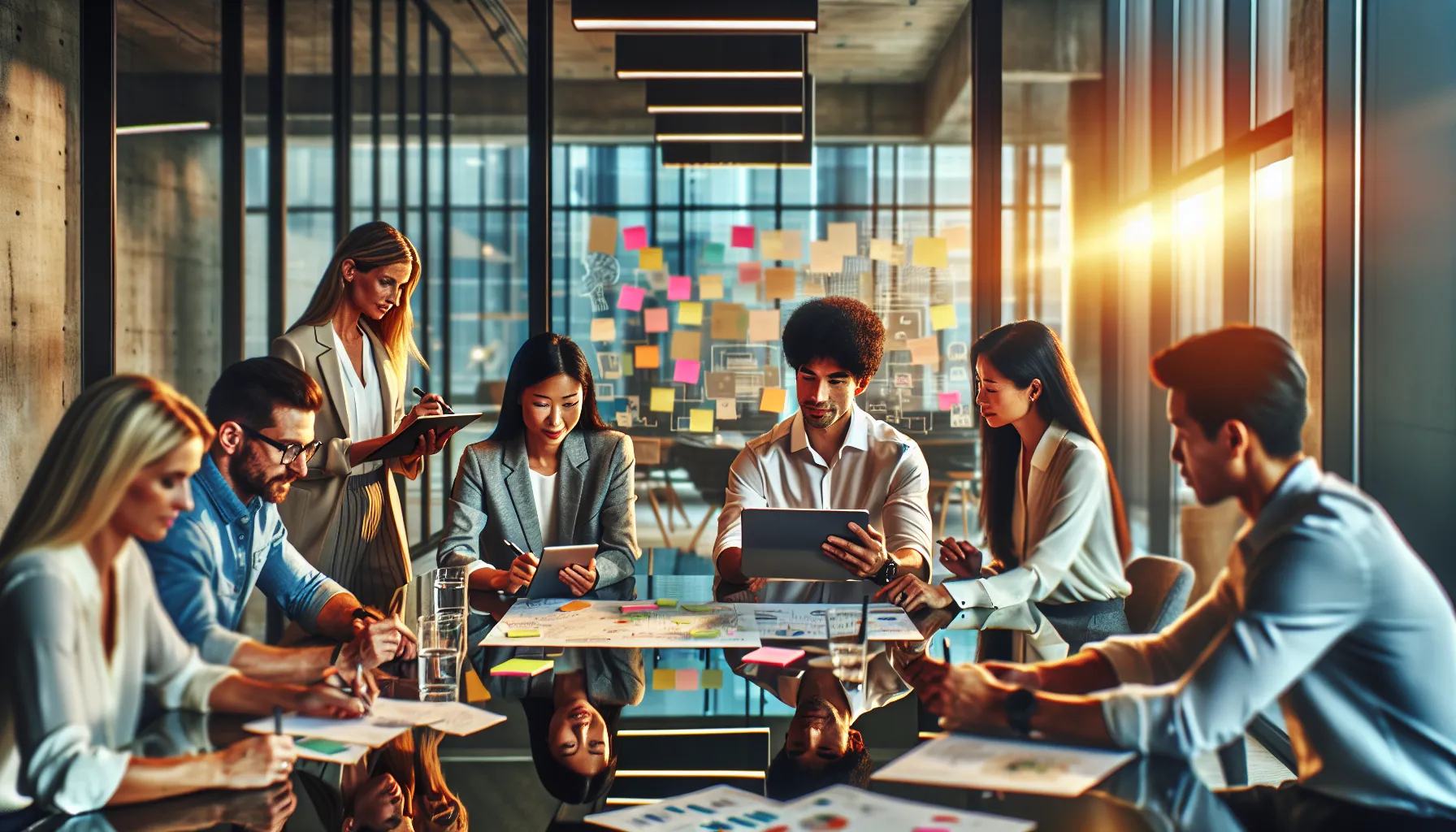 diverse professionals collaborating in a modern office setting.