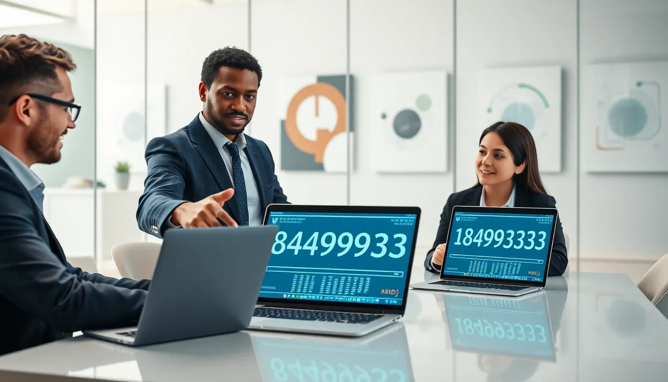 diverse professionals discussing phone number significance in a modern office.