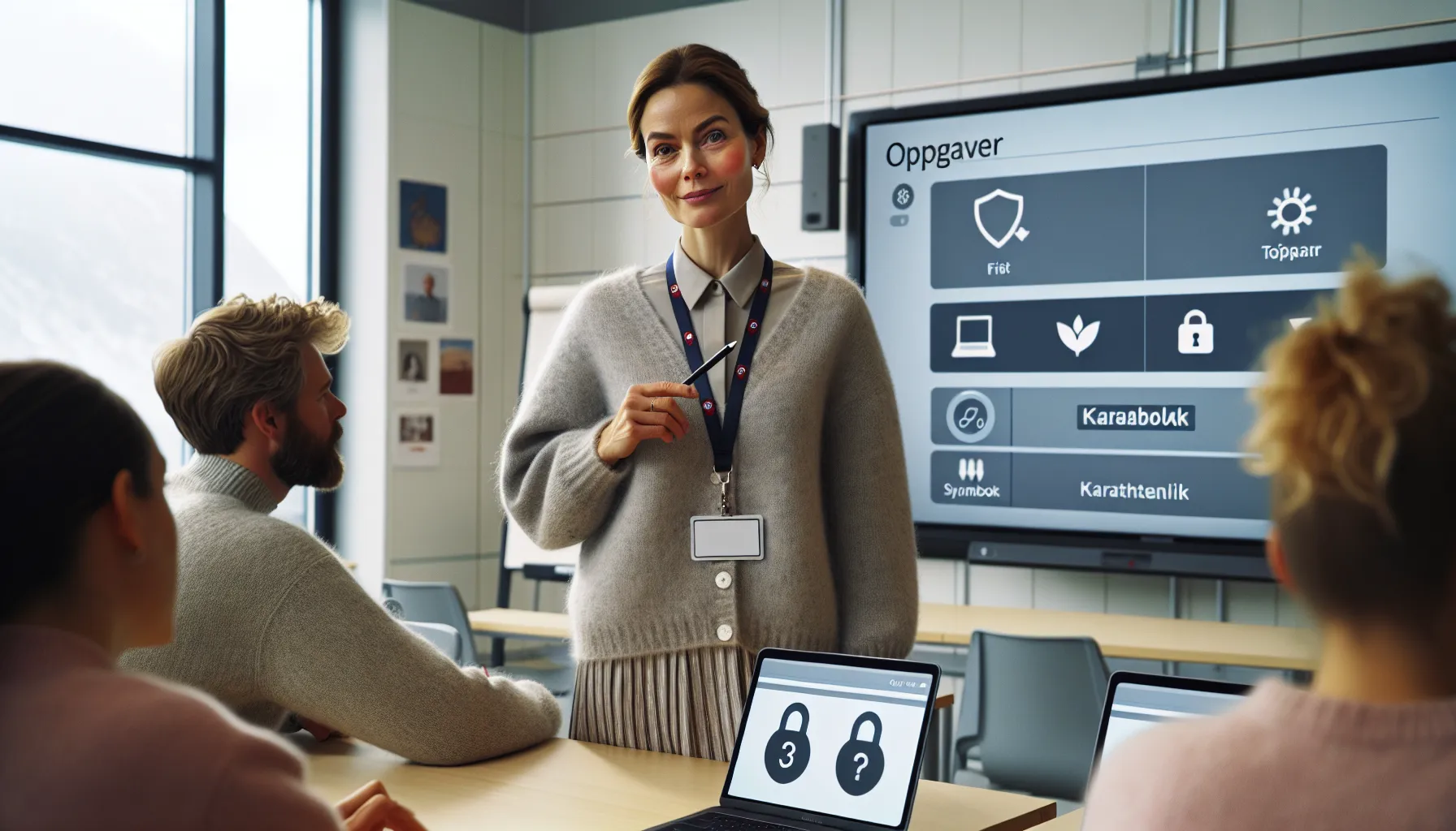 Hvordan bruke teknologi for å forbedre læring 3 Norwegian teacher demonstrates secure lms workflow to colleagues in a bright classroom.