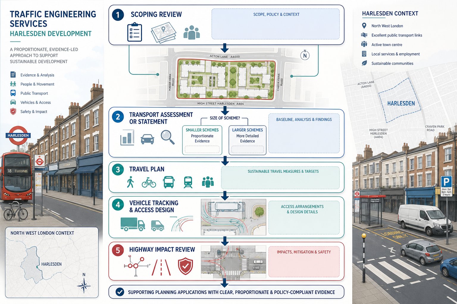 Traffic engineering process for Harlesden projects, from scoping to access and impact review.