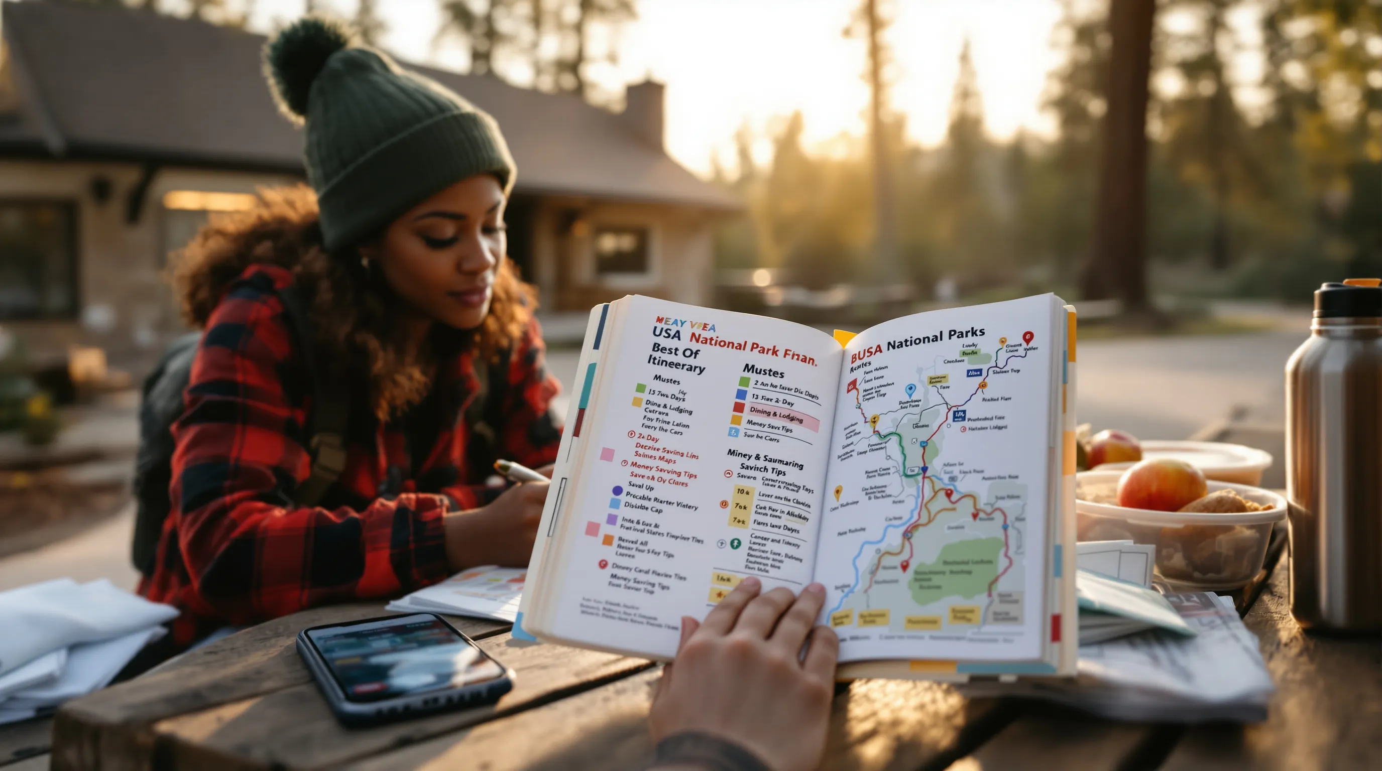 Traveler marking a national parks guidebook with maps, shuttle, and lunch nearby.