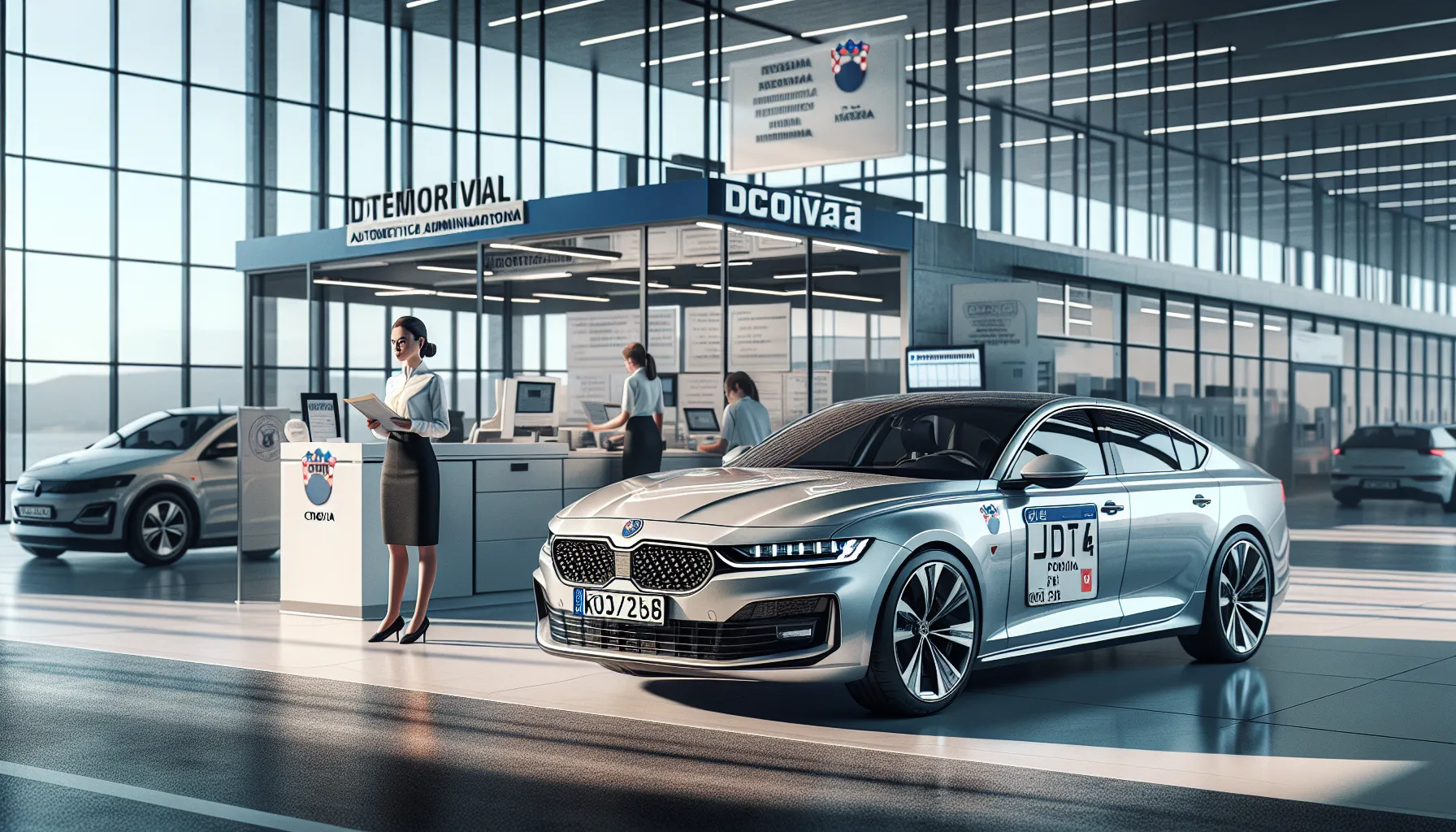 Car with temporary license plates at Croatian automotive service center