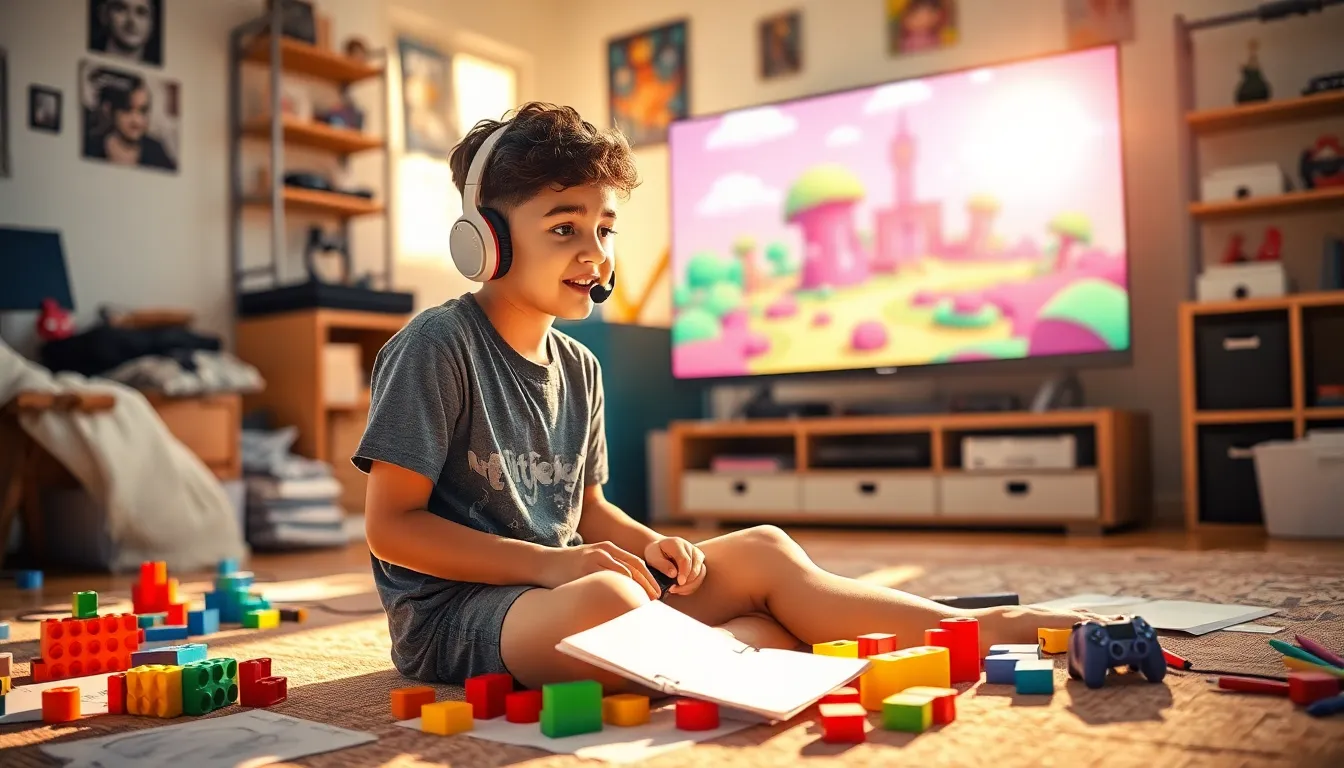 a young boy playing a creative PlayStation game in a colorful room.