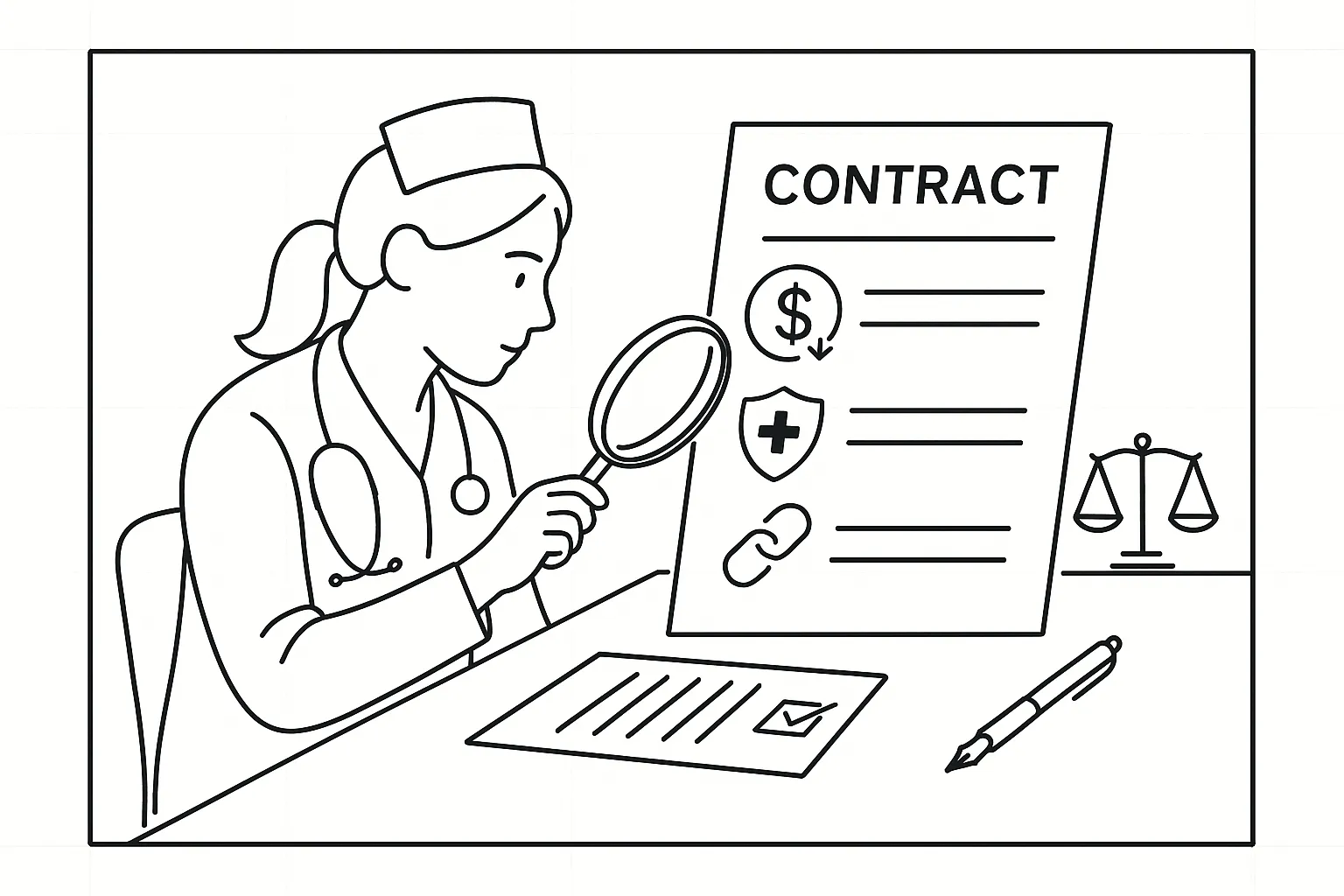 Nurse practitioner examining a contract with magnifying glass and legal icons of Nurse Practitioner Contract Review