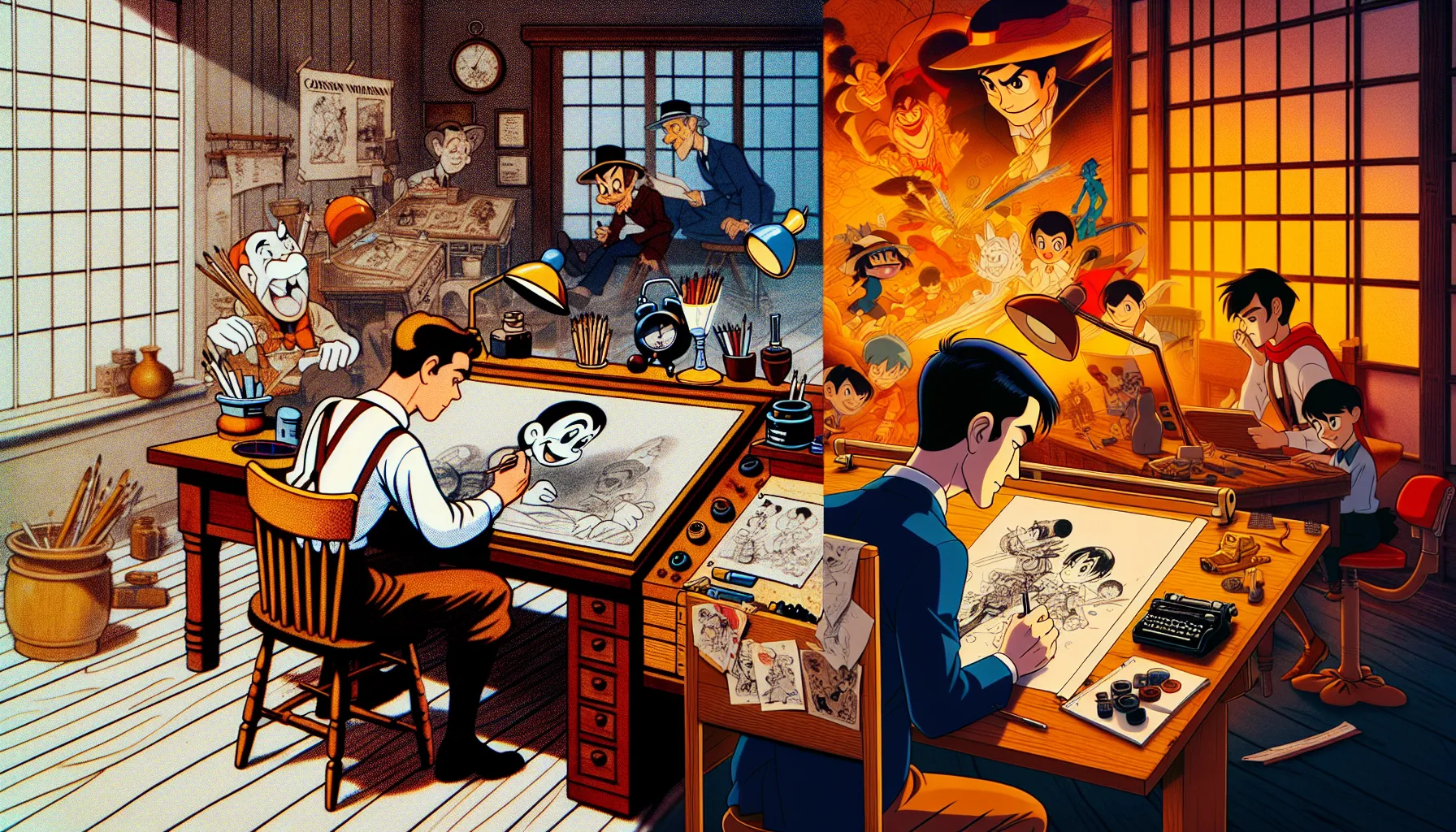 An artist creating early Disney-style art alongside a Japanese anime artist drawing 'Astro Boy'.